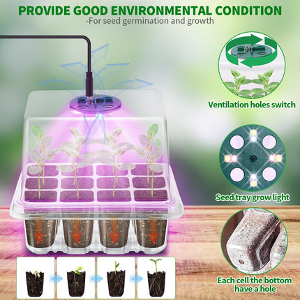Qoolife Indoor Greenhouse Propagator, Mini Greenhouse Propagation Set with Raised Lid, Seedling Starter with Plant Lights with Full 2 ​​Pieces (Transparent)
