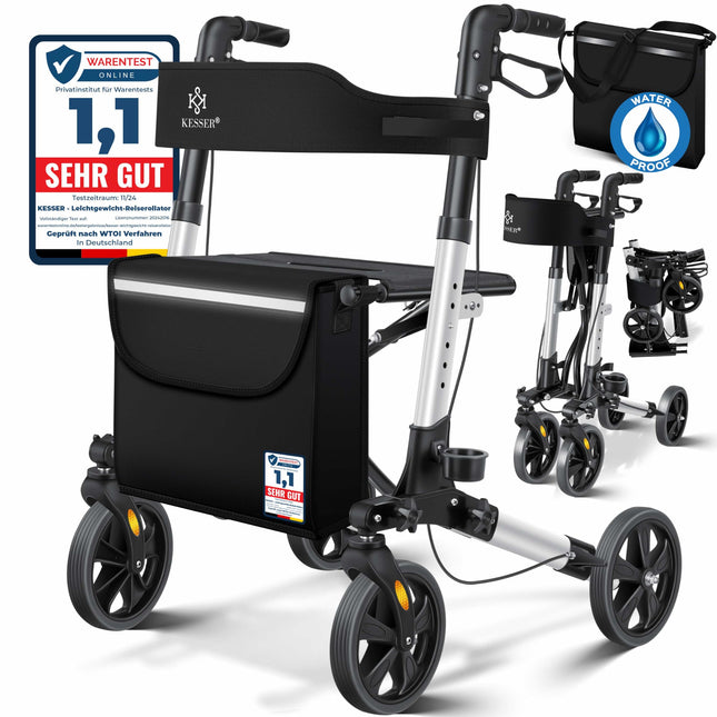 KESSER Rollator Aluminium Set, lightweight travel rollator with full equipment, 3-way foldable for trunk, travel and flight, height adjustable, belt, cane holder, walking frame, walking aid