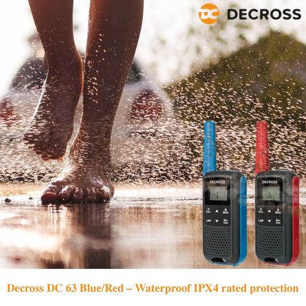 DC DECROSS 63 Walkie Talkie for Kids and Adults, 2-Pack Walkie Talkies up to 8 km, PMR446 16 Channels, VOX, Flashlight, IPX4, Gift for Boys and Girls Ages 5, 6, 7, 8, Hiking, Camping, Rechargeable Battery (Blue)