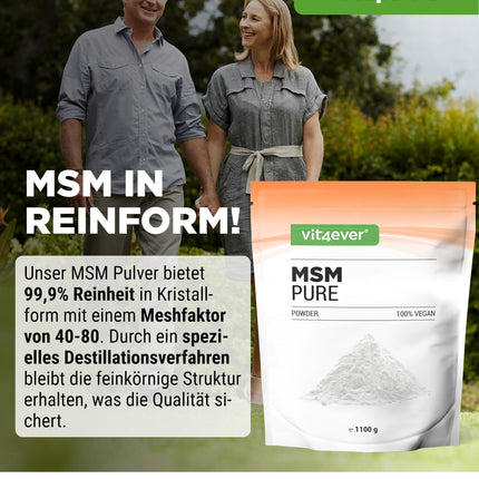 MSM Powder - 1.1 kg (1100 g) - 99.9% pure crystalline methylsulfonylmethane - Mesh factor 40-80 - Organic sulfur - Vegan