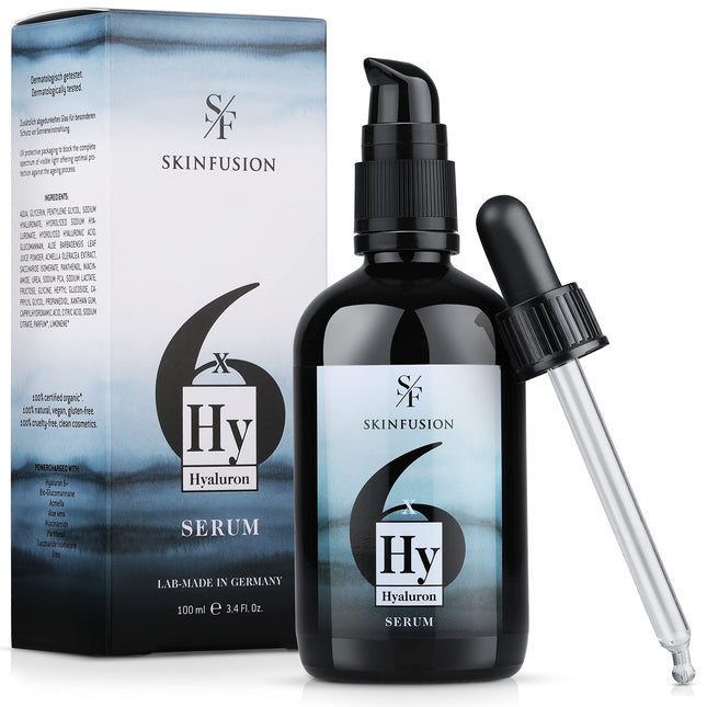 SKINFUSION 6-fold Bio Hyaluron Serum high-dose 100 ml – vegan multi-hyaluronic acid complex with booster ingredients such as bio-glucomannan, aloe, urea – clean moisturizing care, performance winner
