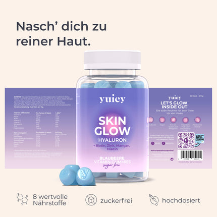 Yuicy Skin Glow - Hyaluronic Acid Gummies – sugar-free, high-dose skin vitamins for clear and beautiful skin. With biotin, zinc, and 6 other nutrients. Vegan and made in Germany. 60 Gummies.