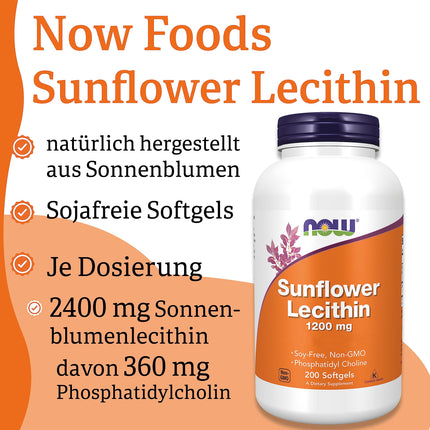 Now Foods, Sunflower Lecithin, 1,200 mg, 200 Softgels, Laboratory Tested, Gluten-Free, Soy-Free
