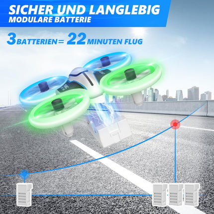 Mini Drone with HD 720P Camera for Kids, RC Drone with LED Lights, Quadcopter with 3D Flips, Headless Mode and 3 Batteries, 21 Min Long Flight Time, Toy Drone Helicopter for Kids and Beginners