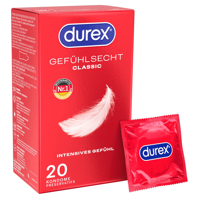 Durex Real Feel Classic Condoms - Perfect fit &amp; easy unrolling with reliable protection - Ultra-thin, moisturized, transparent condoms with a pleasant scent - 20-pack (1 x 20 pieces)
