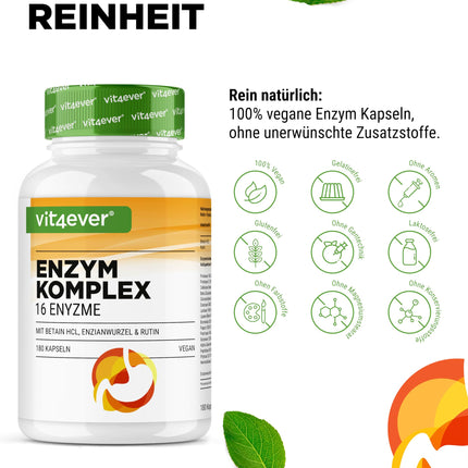 Digestive Enzymes - 180 Capsules with 16 Enzymes plus Betaine HCL, Rutin &amp; Gentian Root - With Bromelain, Papain, Amylase, Lipase, Protease, Lactase - Vegan - High Dosage