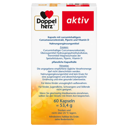 Doppelherz Curcuma 750 with Curcumin + Vitamin D3 1000 IU – Vitamin D supports the normal function of the immune system – 60 Capsules