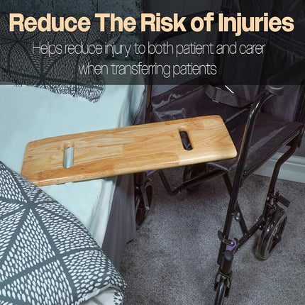 Patient transfer board made of wood, transfer board for elderly people for wheelchair, transfer assistance skateboard with easy-grip hand holes, aid device for disabled and mobility-impaired wheelchair users