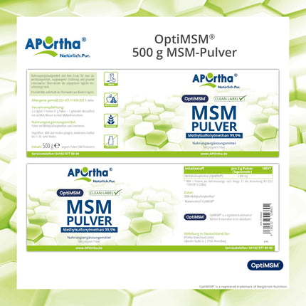 APOrtha® OptiMSM® MSM Powder, 500g vegan powder, 99.9% pure methylsulfonylmethane without any additives, 1,000 mg OptiMSM® MSM per serving, vegan, gluten-free, lactose-free, allergen-free