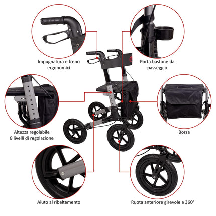 Antar travel rollator with pneumatic tires, folds multiple times for transport. AT51036