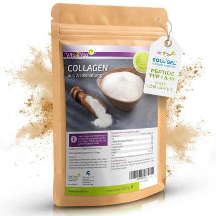 Vita2You Collagen Powder 1kg - Bioactive Collagen - 100% Solugel® - from grass-fed farming - Hydrolysate Peptides Type 1 and 3 - Protein - 1000g - Premium Quality