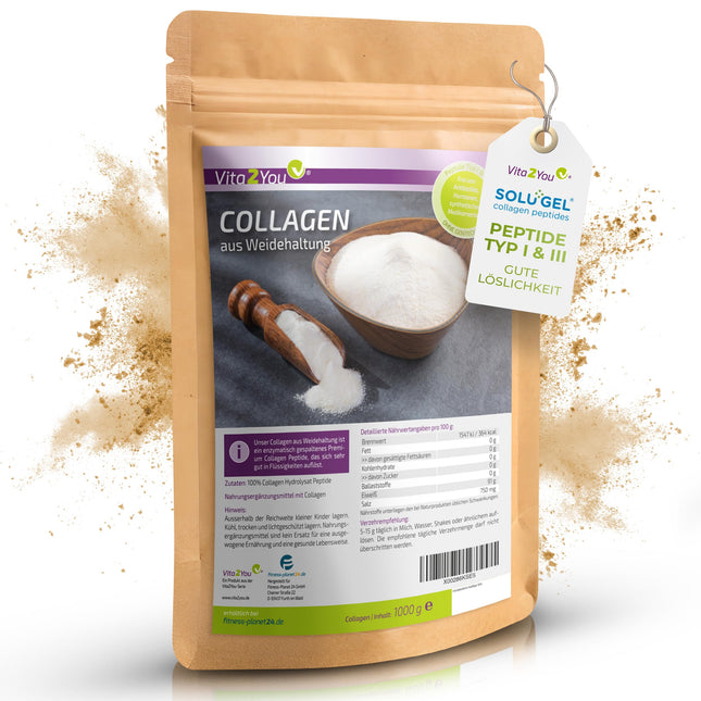 Vita2You Collagen Powder 1kg - Bioactive Collagen - 100% Solugel® - from grass-fed farming - Hydrolysate Peptides Type 1 and 3 - Protein - 1000g - Premium Quality