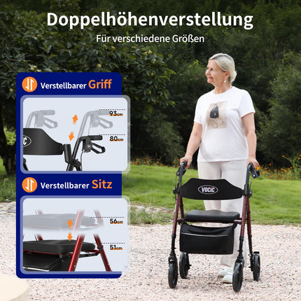 VOCIC Rollator Foldable and Lightweight with Seat, Narrow Rollators for Home, Rollators for Seniors Foldable with 20cm Tires for All Terrain, Seat and Handle Height Adjustable, 5-Year Warranty | Dark Red