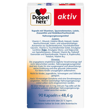 Doppelherz Eyes Extra Day + Night - With Lutein, Zeaxanthin - 5 Vitamins plus Folic Acid - 90 Capsules