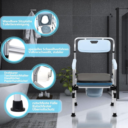 ISOISL Commode Chair, Commode Chair for Seniors, Height Adjustable 42-54 cm, with Padded Seat and Toilet Bucket, Load Capacity up to 160 kg, for Seniors and Pregnant Women
