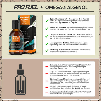 Omega-3 algae oil 100 ml - high dose with 3665 mg algae oil, of which 1203 mg DHA &amp; 667 mg EPA - vegan Omega-3 oil + Ahiflower® oil with a pleasant orange flavor - laboratory-tested with certificate