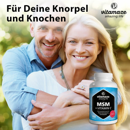 MSM capsules + Vitamin C, high-dose, 360 capsules for 6 months, 1,334 mg organic sulfur powder per day, 99.9% pure methylsulfonylmethane, dietary supplement without additives, Made in Germany