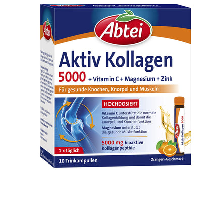 Abtei Active Collagen 5000 - For healthy bones, cartilage, and muscles - with vitamin C, magnesium, and zinc - sugar-free - 1 x 10 drinking ampoules of 25 ml each
