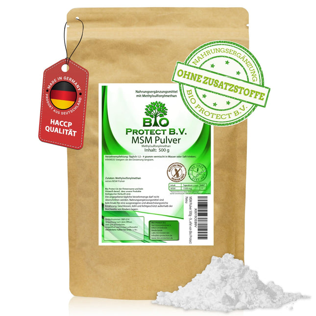MSM Powder 500g - 99.9% pure - No additives - Vegan - 1/2 kg Premium MSM - Methylsulfonylmethane - Organic sulfur from Bio Protect