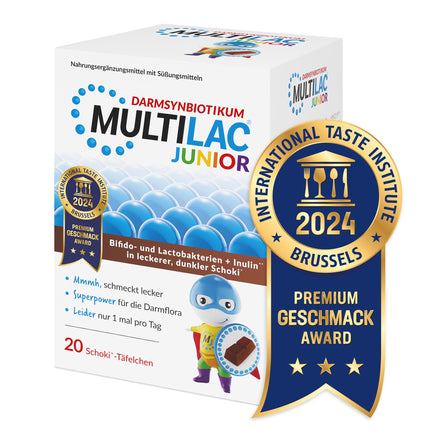 MULTILAC INTESTINAL SYNBIOTIK Junior with 20 chocolate bars. Contains selected bifidobacteria and lactobacilli with inulin and 1 billion bacteria. Sugar-free, gluten-free, and lactose-free. Only once daily.