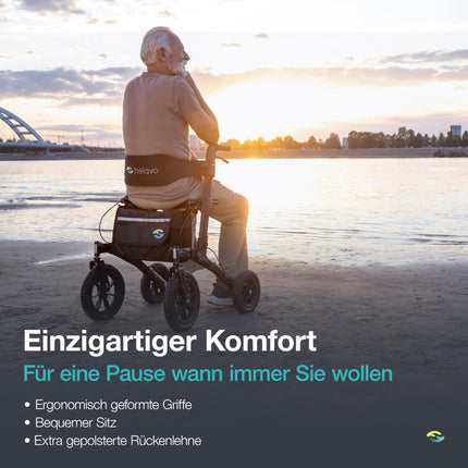 Helavo Rollator with pneumatic tires for outdoors - Rollator foldable and lightweight with seat, aluminum outdoor walker - Rollator lightweight foldable for outdoors