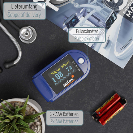 Pulse oximeter PULOX PO-200 Solo in blue Finger pulse oximeter for measuring pulse and oxygen saturation on the finger