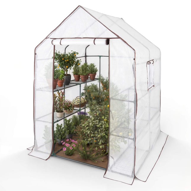 Arebos Premium Polytunnel Greenhouse with 3 Levels - 143 x 143 x 195 cm Greenhouse with Shelves &amp; Ventilation Window - Space-Saving, High-Quality Propagation House Garden Balcony Stable