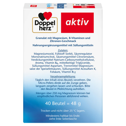 Doppelherz Magnesium 400 + B6 + B12 + Folic Acid DIRECT - Magnesium supports the normal function of muscles and the nervous system - 40 vegan servings