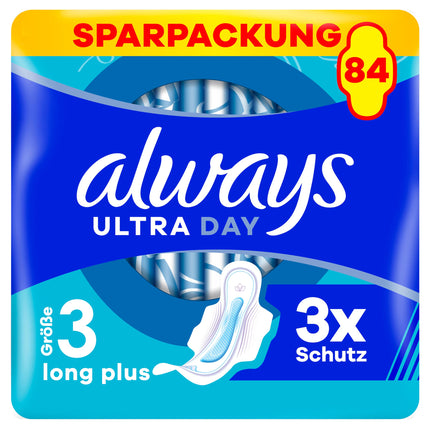 Always Ultra Women's Pads Size 3, Long Plus, 84 sanitary pads with wings (3 x 28 pads), thin and super absorbent, odor-neutralizing and leak-proof