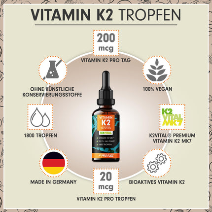 Vitamin K2 Drops High Dose 1800x (50ml) - 200 µg Vitamin K2 MK7, K2VITAL® Premium Vit. K2 High Dose from Kappa with 99.7+% all-trans content - laboratory-tested with certificate, 100% vegan