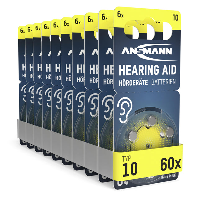 ANSMANN hearing aid batteries type 10 yellow P10 PR70 ZL4, 60 pieces, storage pack, batteries for hearing aids &amp; hearing aids, easy to reach