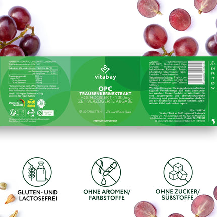 Vitabay OPC Grape Seed Extract 1000 mg High Dose - 120 Vegan Capsules Time Released - Grape Seed Extract with Polyphenols - Natural Plant Substances without Undesirable Additives - Laboratory Tested