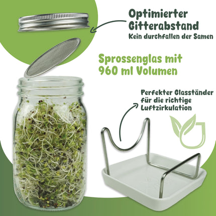 Vitaja sprouting jar set with ceramic bowl - 1 set for sprout cultivation - (incl. darkening cover) - sprouting jars for sprout cultivation - dishwasher safe - cultivation set for the windowsill