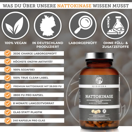 QIDOSHA® Nattokinase capsules, high-dose, highest enzyme activity with 28000 FU/g, 240 capsules in a glass jar, vegan, without vitamin K2, final product soy-free