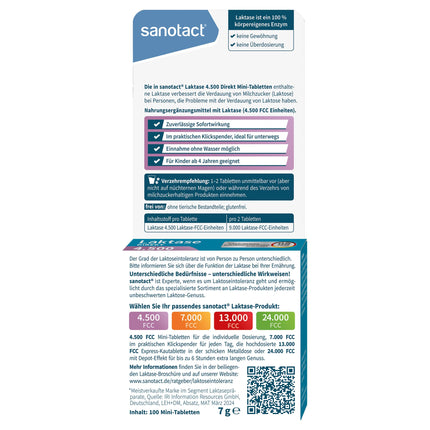 sanotact Lactase Direct 4,500 Mini Tablets – 100 Tablets | For lactose intolerance | Immediate effect | Can be taken without water | Convenient click dispenser