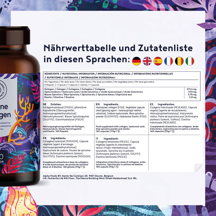 Marine Collagen with Hyaluronic Acid Capsules | 160 Capsules | Marine Collagen Hydrolysate &amp; Marine Elastin with Hyaluronic Acid &amp; Spirulina | Alpha Foods