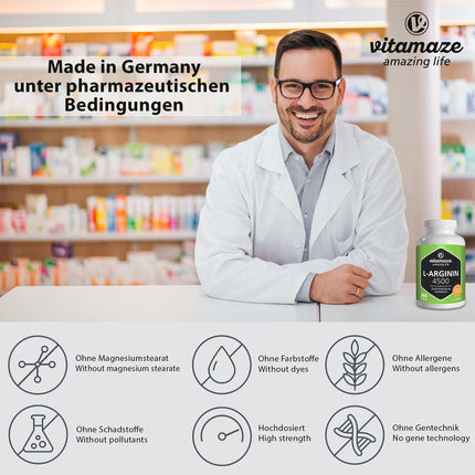 L-Arginine capsules high-dose, 4500 mg per daily dose, 360 capsules of pure L-Arginine HCL from plant fermentation, dietary supplement without unnecessary additives, Made in Germany