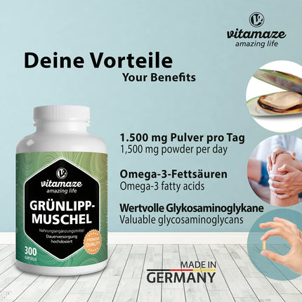 Green-lipped mussel capsules with high dosage: 1500 mg green-lipped mussel powder from New Zealand per daily dose, 300 capsules continuous supply, natural food supplement without additives, made in Germany