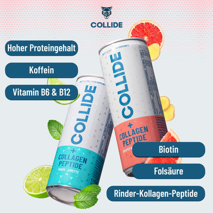 COLLIDE Collagen Drink – Best before: 13.05.2025 – Mint-Lime – 24 x 250ml – Sugar-free – With collagen hydrolysate peptides, vitamins B6 &amp; B12, folic acid, biotin &amp; caffeine – Incl. €6 deposit