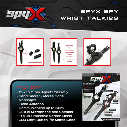 SpyX 10538 Spy Wrist Talkies for Kids - Hands-free secret communication via disguised walkie-talkies for fun spy missions - Includes watch disguise and Morse code option, 6+