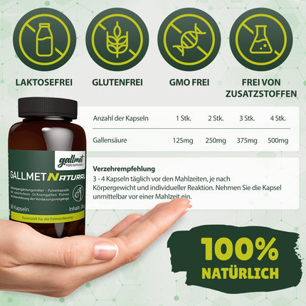 GALLMET Natural 60x Ox Bile 125mg Bile Salt naturally supports digestive problems, fat digestion, support after gallstones - Ox bile capsules 125 mg per capsule - Made in EU