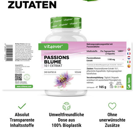 Passionflower Extract - 240 Capsules - Premium: 1100 mg extract 10:1 (equivalent to 11000 mg passionflower) per daily serving - Extra high dosage - No unwanted additives - Vegan - Laboratory tested