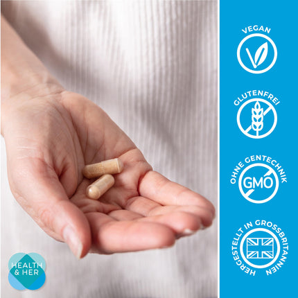 Health &amp; Her Perimenopause - with 800mg red clover, 500mg yam root, iron, vitamins D3, B6 and B12, and maca extract for better hormone balance in early menopause - Menopause 60 Capsules