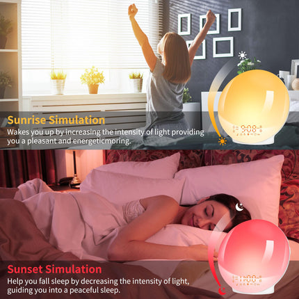 Daylight alarm clock light alarm clock wake up light sunrise sunset simulation alarm clock radio 7 nature sounds 2 alarms snooze 11 colored light 20 brightness bedside lamp adults (yellow)