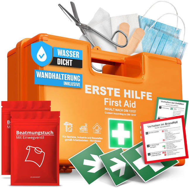 HELDENWERK first aid kit according to the new DIN 13157:2021 including wall bracket &amp; stickers | Universal first aid case for business, household or catering - office first aid kit filled, first aid kit