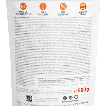Creatine Monohydrate Powder 500g - Creatine monohydrate in micronized quality with optimal high dosage - pure, without additives, 100% vegan - for 146 applications