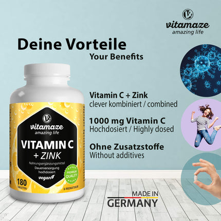 High-dose vitamin C 1000 mg + zinc, vegan &amp; optimally bioavailable, 180 tablets for 6 months, natural food supplement without unnecessary additives, made in Germany