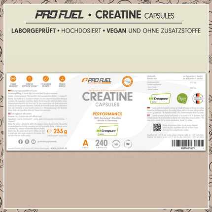 Creatine capsules 240x with 850mg Creapure® creatine monohydrate - high-quality creatine made in Germany - optimally dosed with 3000 mg of pure creatine per day - laboratory-tested with certificate - 100% vegan