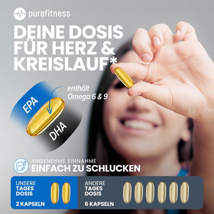 Purefitness Omega 3 Capsules HIGH DOSE [2000 MG DAILY DOSE] - Fish Oil Omega 3 with EPA &amp; DHA - 120 Capsules - Made in Germany