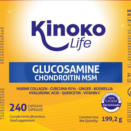 Kinoko life Glucosamine and Chondroitin – 240 capsules with MSM, marine collagen, hyaluronic acid, turmeric, black pepper, ginger, boswellia, and quercetin. For joints, cartilage, and bones.